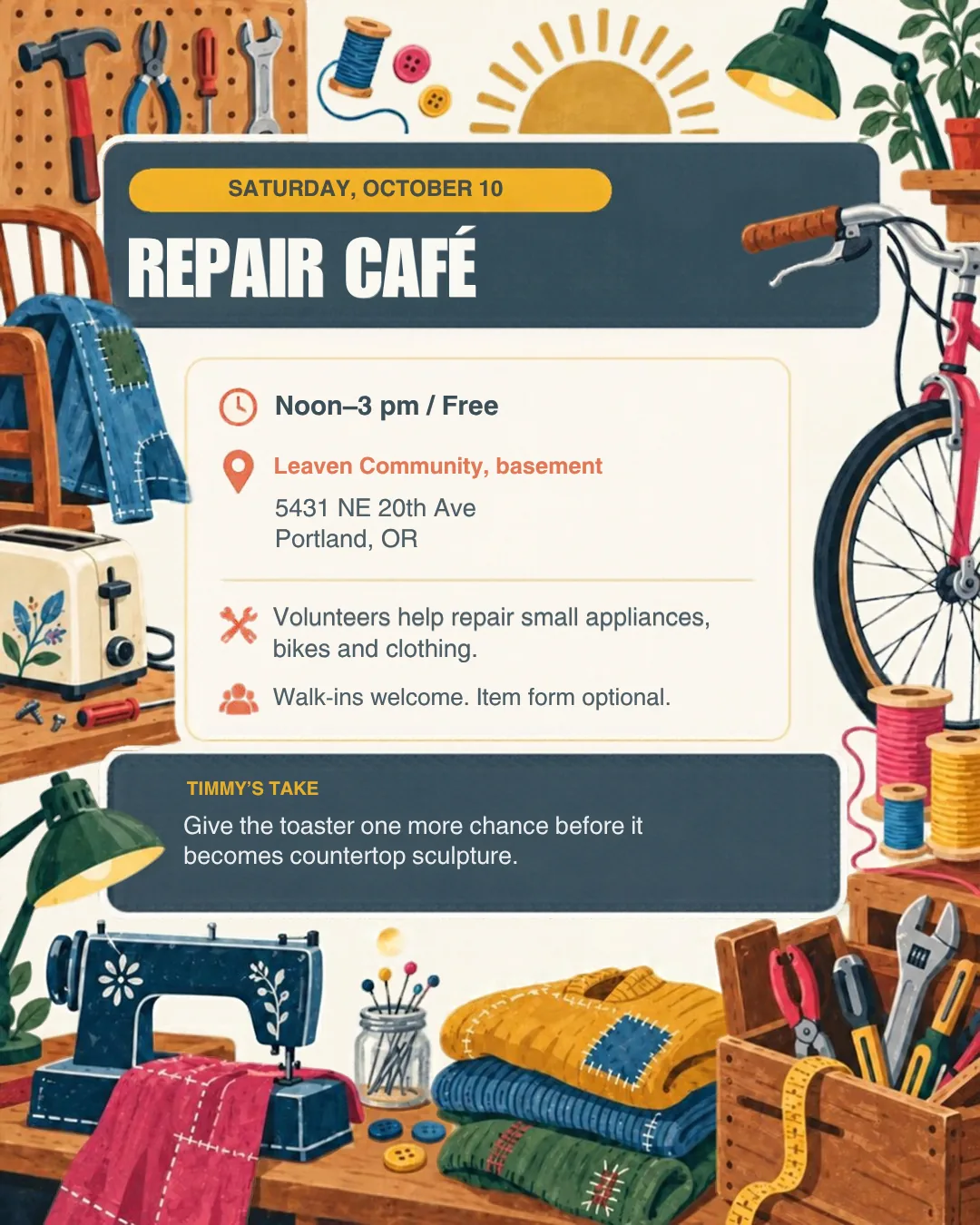 Repair Café, Saturday, October 10, Leaven Community.