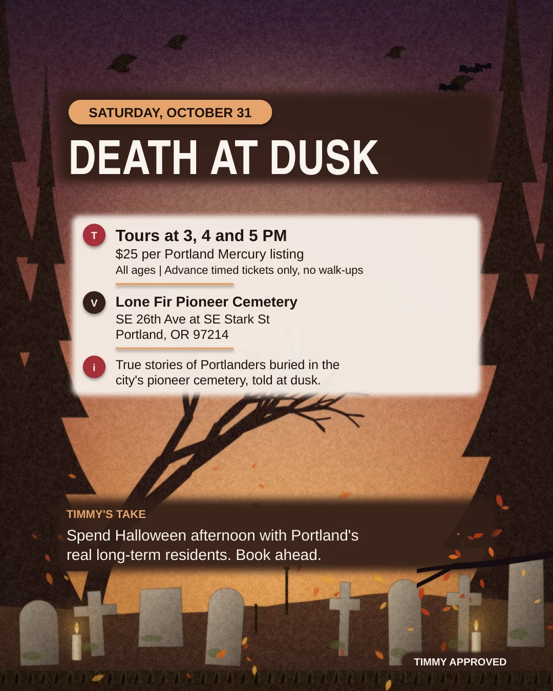 Death at Dusk, Saturday, October 31, Lone Fir Pioneer Cemetery.