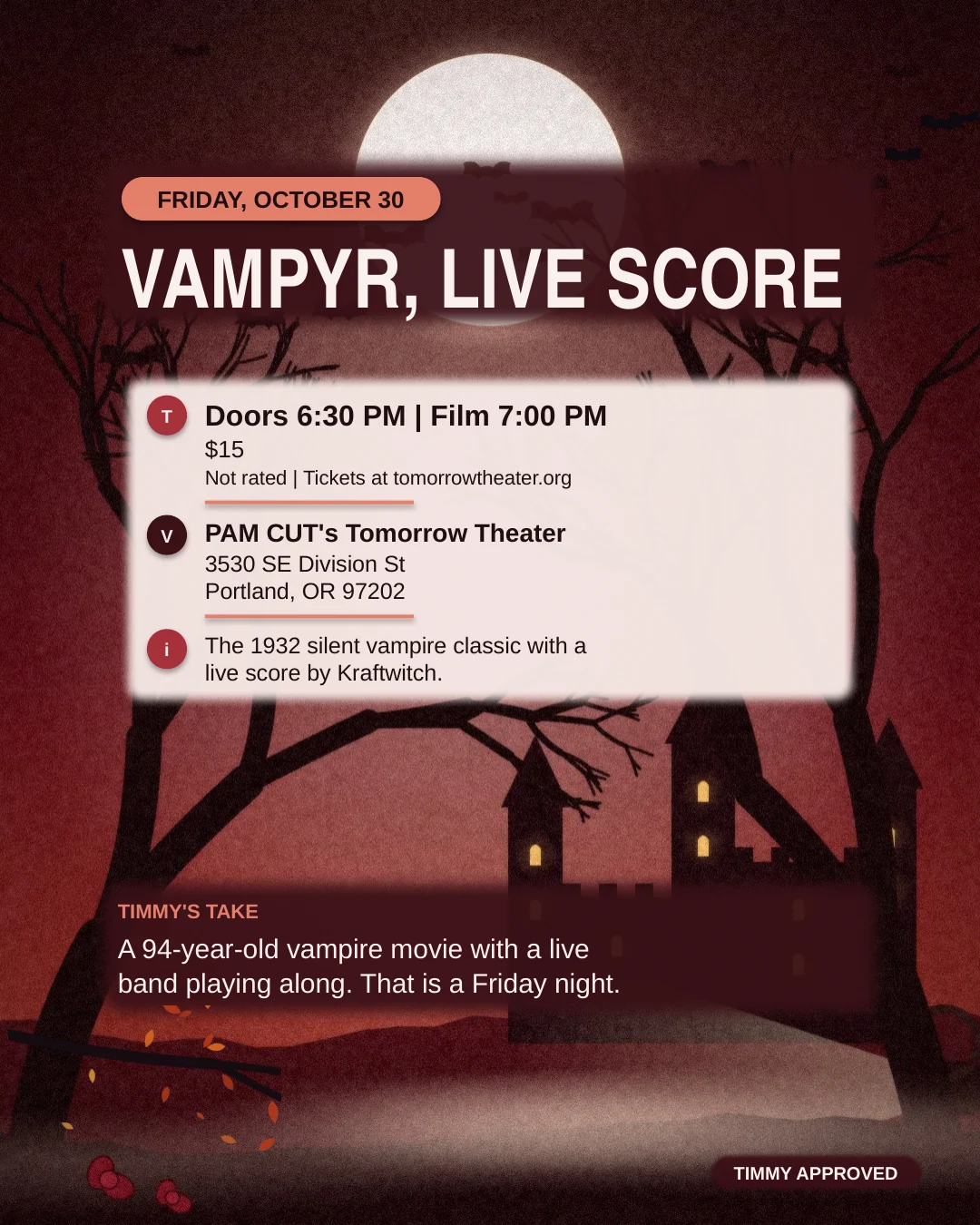 Vampyr with a live score by Kraftwitch, Friday, October 30, Tomorrow Theater.