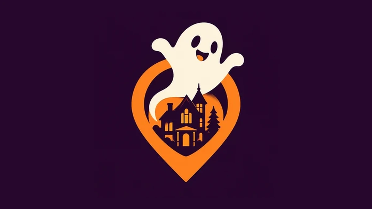 Portland Haunt Week logo: a smiling ghost over a haunted house inside an orange map pin