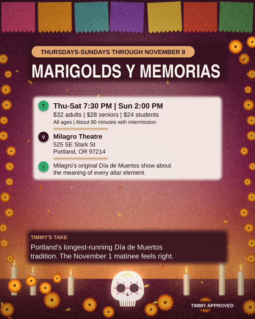 Marigolds y Memorias, Thursdays to Sundays through November 8, Milagro Theatre.
